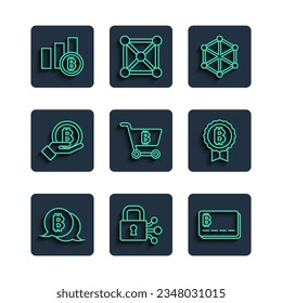 Fijar línea Bitcoin, Bloquear con bitcoin, Tarjeta de crédito, Tecnología Blockchain, Carro de compras, Mano de espera, Gráfico circular infográfico e icono. Vector