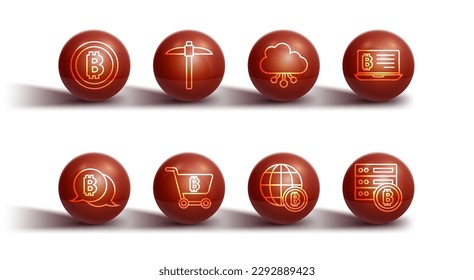 Set line Bitcoin, Mining bitcoin from laptop, Globe, Shopping cart with, Pickaxe, Server and Cryptocurrency cloud mining icon. Vector