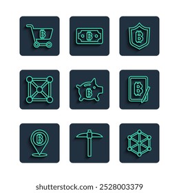 Set Linie Bitcoin, Pickaxe, Blockchain-Technologie, Schild mit Bitcoin, Sparschwein, Einkaufswagen und Mining von Tablet-Symbol. Vektorgrafik
