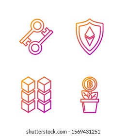 Set line Bitcoin plant in the pot, Blockchain technology, Cryptocurrency key and Shield Ethereum ETH. Gradient color icons. Vector