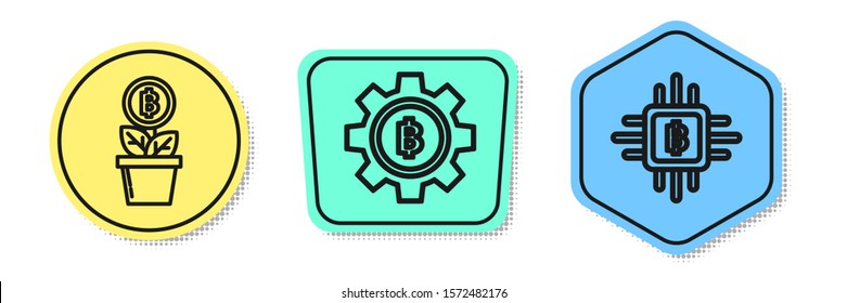 Set line Bitcoin plant in the pot, Cryptocurrency coin Bitcoin and CPU mining farm. Colored shapes. Vector