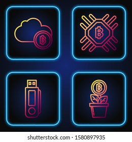 Set line Bitcoin plant in the pot, USB flash drive, Cryptocurrency cloud mining and CPU mining farm. Gradient color icons. Vector