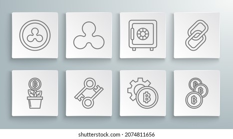Fijar línea planta de Bitcoin en el bote, Cryptocurrency Ripple XRP, clave, Safe, enlace de cadena e icono. Vector