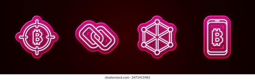 Establezca línea Bitcoin en el objetivo, Enlace de cadenas, tecnología Blockchain y Bitcoin minero desde el móvil. Icono de neón brillante. Vector