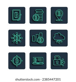 Set line Bitcoin in the target, Mining bitcoin from laptop, Lock with, Pie chart infographic, Blockchain technology, tablet and Cryptocurrency cloud mining icon. Vector