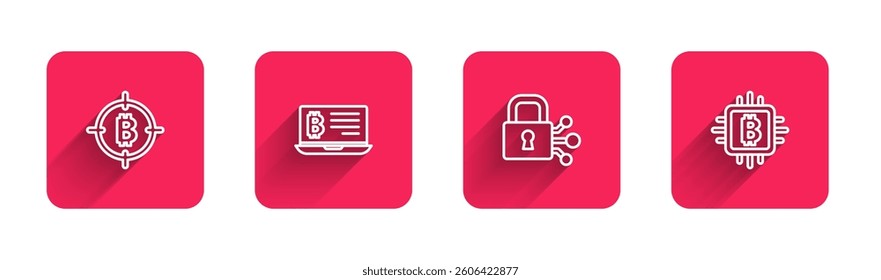 Set line Bitcoin in the target, Mining bitcoin from laptop, Lock with and CPU mining farm with long shadow. Red square button. Vector