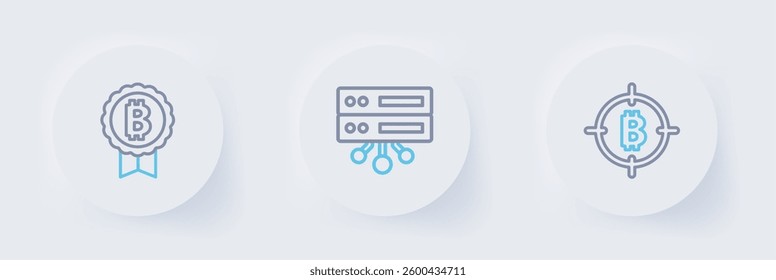 Set line Bitcoin in the target, Server and  icon. Vector
