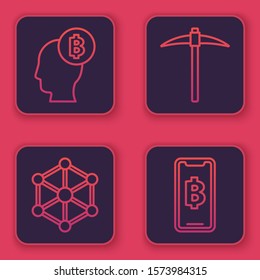 Set line Bitcoin think, Blockchain technology, Pickaxe and Phone mobile and cryptocurrency coin Bitcoin. Blue square button. Vector