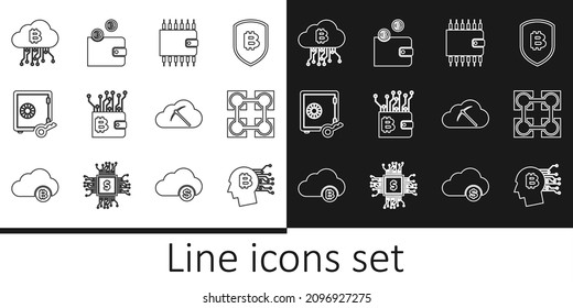 Set line Bitcoin think, Blockchain technology, Cryptocurrency wallet, Proof of stake, cloud mining,  and  icon. Vector