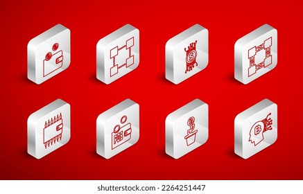 Set line Bitcoin think, Blockchain technology, Cryptocurrency bitcoin circuit, plant the pot, wallet, Proof of stake and  icon. Vector