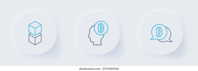 Set line Bitcoin, think and Blockchain technology icon. Vector