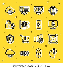 Set line Bitcoin think, Blockchain technology, with circuit, Video graphic card, Lock bitcoin, Cryptocurrency cloud mining and Mining from mobile icon. Vector