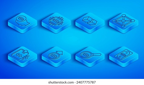 Set line Bitcoin think, CPU mining farm, Blockchain technology, Magnifying glass with, Cryptocurrency wallet and bitcoin icon. Vector