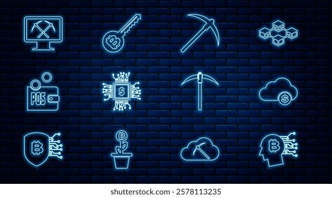 Set line Bitcoin think, Cryptocurrency cloud mining, Pickaxe, Processor chip with dollar, Proof of stake, Mining monitor and pickaxe,  and key icon. Vector