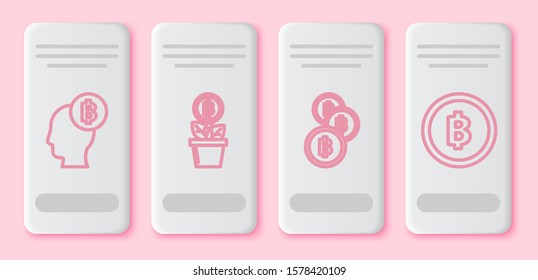 Set line Bitcoin think, Bitcoin plant in the pot, Cryptocurrency coin Bitcoin and Cryptocurrency coin Bitcoin. White rectangle button. Vector