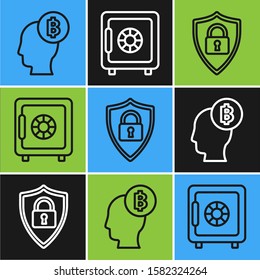 Set line Bitcoin think, Shield security with lock and Safe icon. Vector
