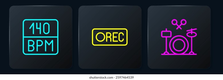 Set line Bitrate, Drums and Record button. Black square button. Vector