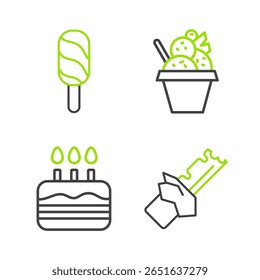 Set line Bitten chocolate bar, Cake with burning candles, Ice cream bowl and  icon. Vector