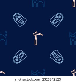 Set line Black cat, Funny and scary ghost mask and Scythe on seamless pattern. Vector