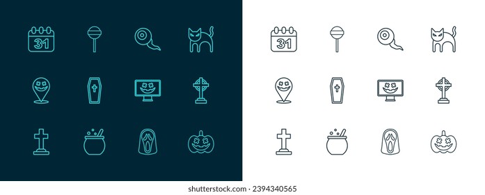 Set line Black cat, Halloween witch cauldron, Happy holiday, Funny and scary ghost mask, Coffin with christian cross, Eye, date 31 october and Lollipop icon. Vector