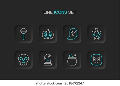 Set line Black cat, Halloween witch cauldron, Tombstone with RIP written, Skull, Voodoo doll, Ghost, Pumpkin and Lollipop icon. Vector