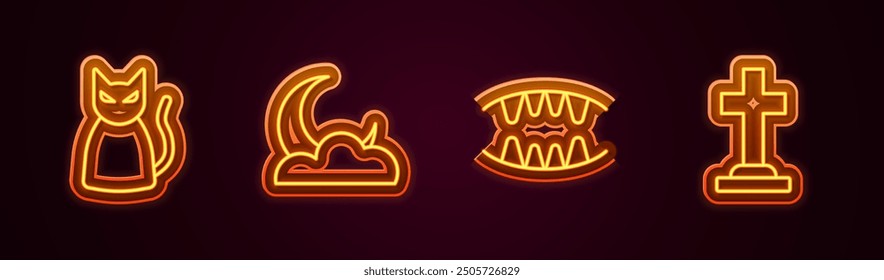 Set line Black cat, Moon and stars, Vampire teeth and Tombstone with cross. Glowing neon icon. Vector