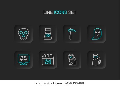 Set line Black cat, Owl bird, Halloween date 31 october, Happy holiday, Ghost, Scythe, Bottle with potion and Skull icon. Vector