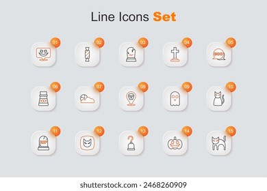 Set line Black cat, Pumpkin, Pirate hook, Tombstone with RIP written, Ghost and Skull icon. Vector