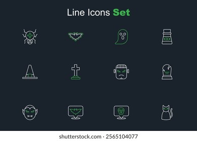 Set line Black cat, Skull, Flying bat, Vampire, Tombstone with RIP written, Frankenstein face, cross and Witch hat icon. Vector