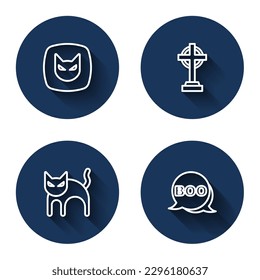 Set line Black cat, Tombstone with cross,  and Boo speech bubble with long shadow. Blue circle button. Vector