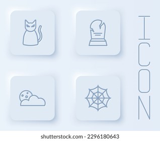 Set line Black cat, Tombstone with RIP written, Moon and stars and Spider web. White square button. Vector