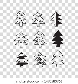 Set of line black hand drawn christmas tree icons, collection of unique сhristmas doodles with pattern, stylized elements of winter forest. Vector sketch