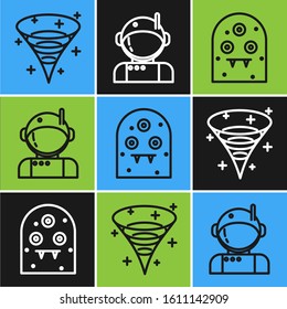 Set line Black hole, Alien and Astronaut icon. Vector