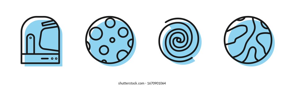 Set line Black hole, Astronaut helmet, Moon and Falling stars icon. Vector