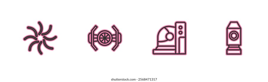 Set line Black hole, Astronaut helmet, Cosmic ship and Rocket icon. Vector