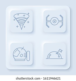 Set line Black hole, Cosmic ship, Astronaut helmet and Planet with flag. White square button. Vector