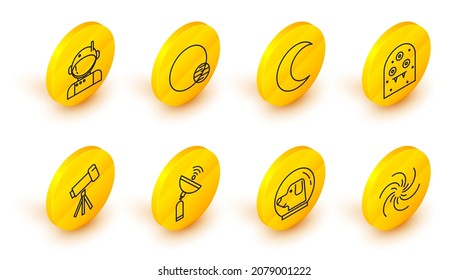 Set line Black hole, Dog in astronaut helmet, Radar, Telescope, Alien, Moon and stars, Planet and Astronaut icon. Vector
