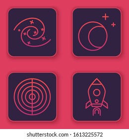Set line Black hole, Earth structure, Moon and stars and Rocket ship with fire. Blue square button. Vector