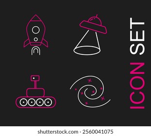 Set line Black hole, Mars rover, UFO flying spaceship and Rocket with fire icon. Vector