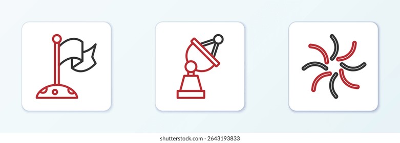 Set line Black hole, Moon with flag and Satellite dish icon. Vector