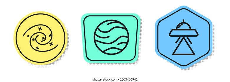 Set line Black hole, Planet and UFO flying spaceship. Colored shapes. Vector