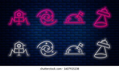 Set line Black hole, Planet with flag, Mars rover and UFO flying spaceship. Glowing neon icon on brick wall. Vector