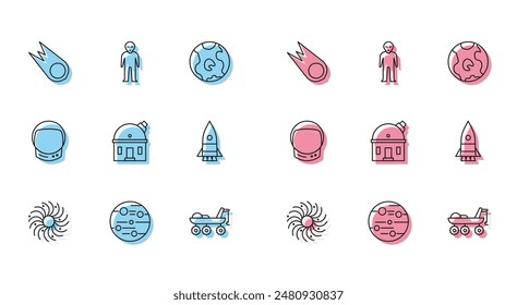 Agujero negro, Planeta Marte, Cometa cayendo rápidamente, vehículo explorador, Observatorio astronómico, Nave cohete, casco de astronauta e icono de Alien. Vector