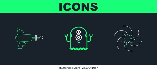 Set line Black hole, Ray gun and Alien icon. Vector
