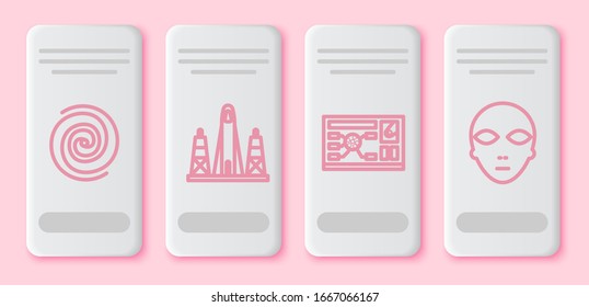 Set line Black hole, Rocket launch from the spaceport, Futuristic hud interface and Alien. White rectangle button. Vector