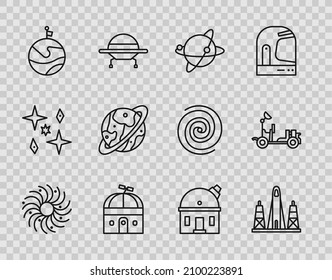 Set line Black hole, Rocket launch from the spaceport, Satellites orbiting planet Earth, Astronomical observatory, Moon with flag, Space capsule and parachute,  and Mars rover icon. Vector