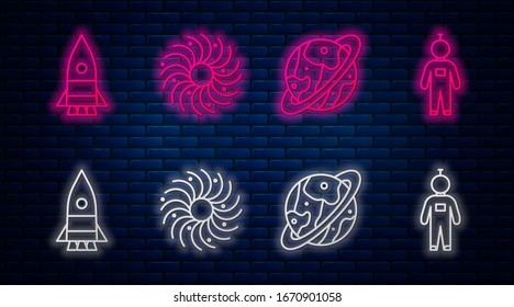 Set line Black hole, Space capsule and parachute, Rocket ship and Astronaut. Glowing neon icon on brick wall. Vector