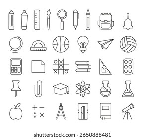 set of line black icons of school and education supplies. icons stationery office supply. vector collection	