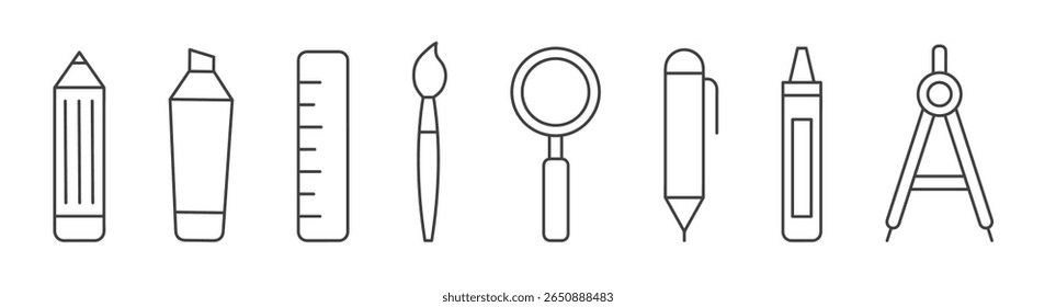 set of line black icons of school and education supplies. icons stationery office supply. vector collection	