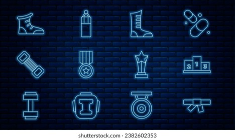 Set line Black karate belt, Award over sports winner podium, Sport boxing shoes, Medal, Chest expander, cup and Punching bag icon. Vector